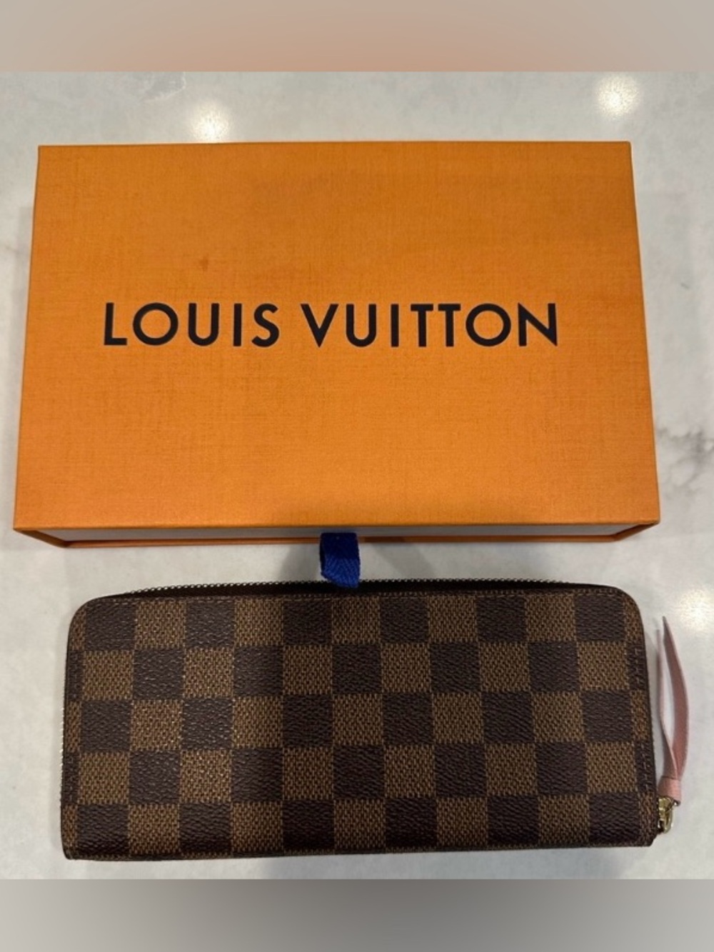 AUTHENTIC Louis Vuitton Brown Damier Ebene Clemence Wallet Rose Ballerine Pink